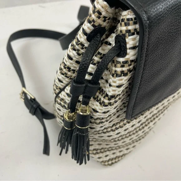 Kate Spade New York Black Leather & Woven Straw Backpack Purse - Picture 7 of 13